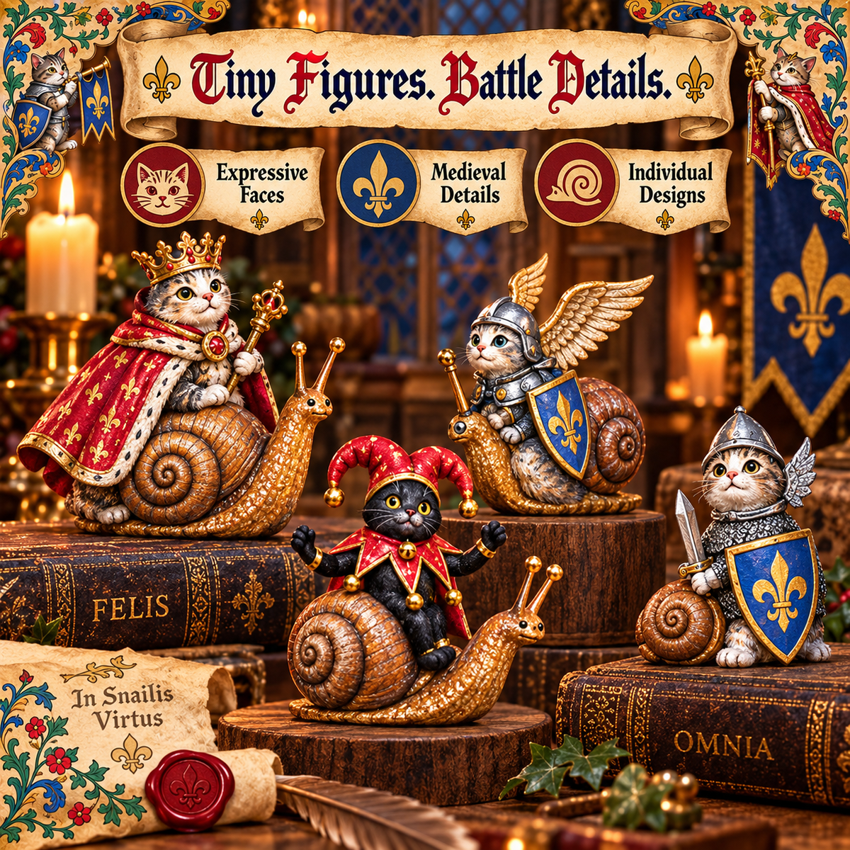 Detailed medieval cat figures