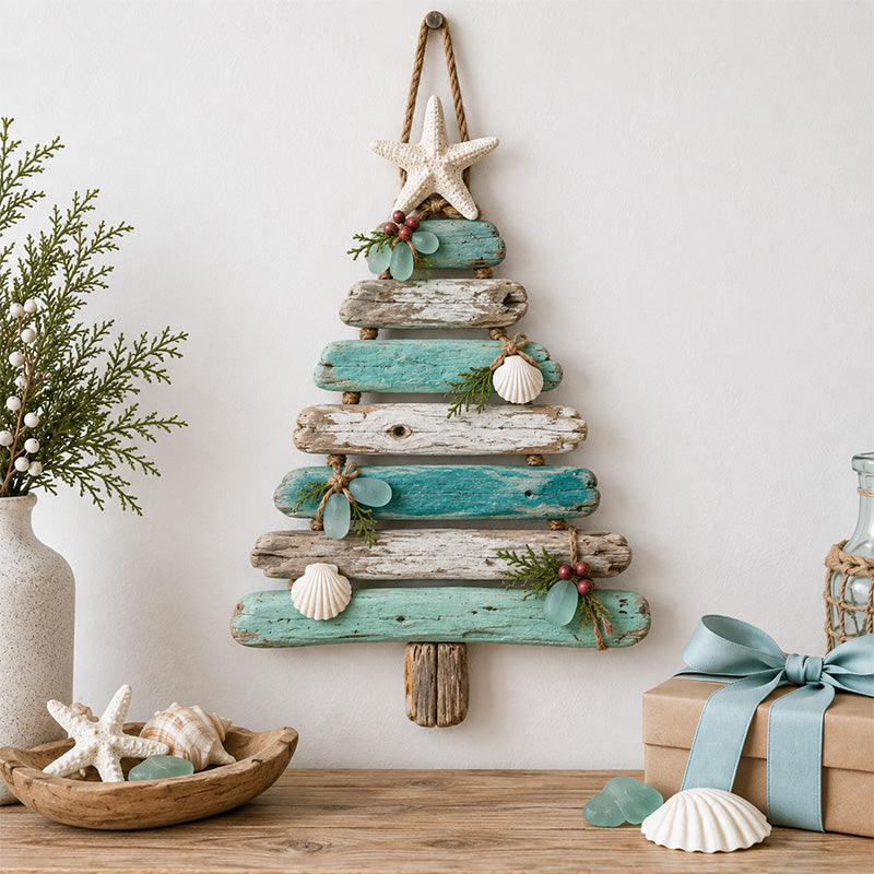 Coastal Christmas driftwood-inspired tree with starfish and sea glass accents