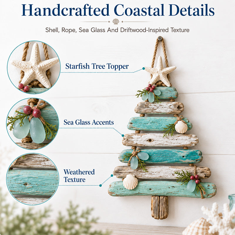 Coastal Christmas tree starfish sea glass shell and weathered texture details