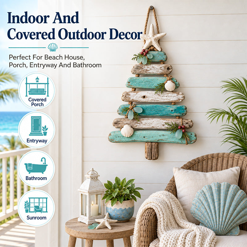 Coastal Christmas driftwood-inspired tree in covered porch entryway bathroom and sunroom settings