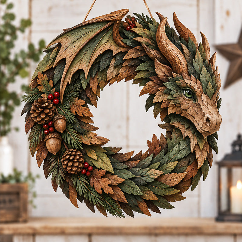 Woodland Dragon Wreath with leaf wing and forest accents