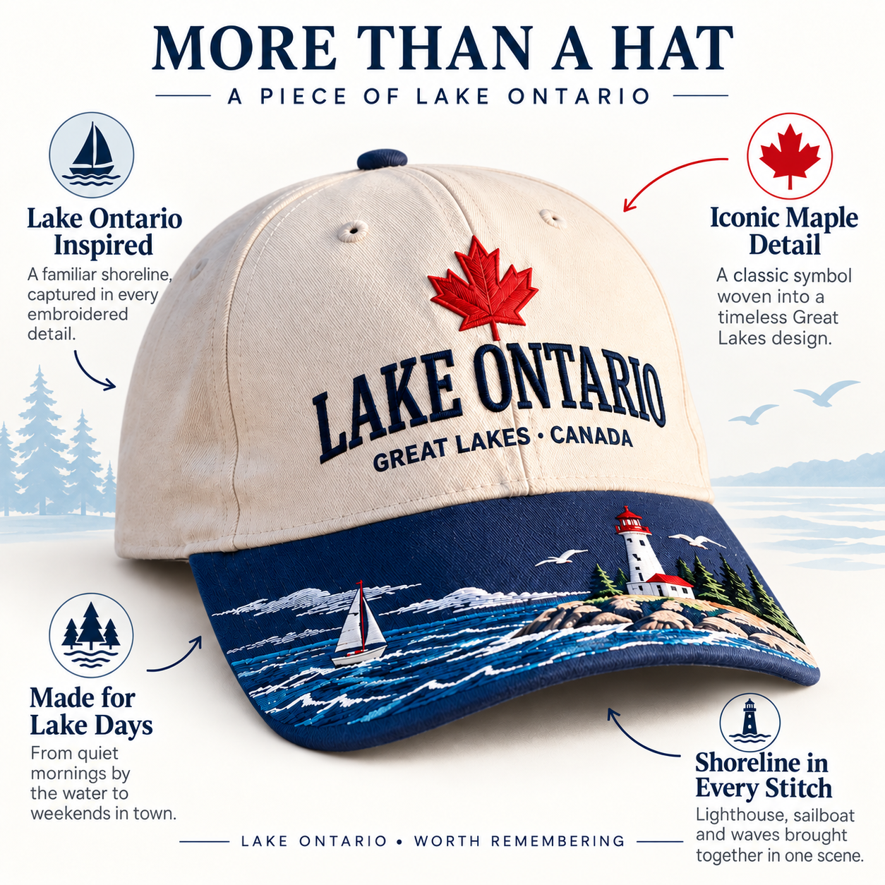 Lake Ontario cap embroidery details with maple leaf sailboat lighthouse waves and shoreline
