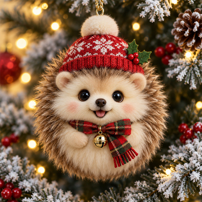 Hedgehog Christmas fluffy animal ornament close-up