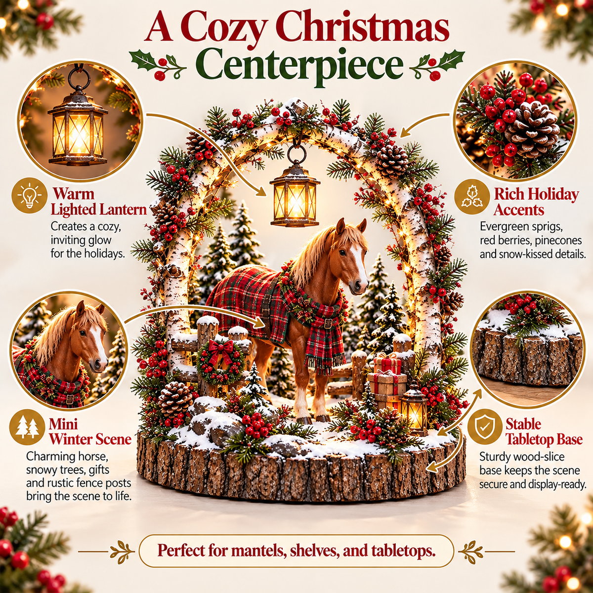 Detailed Christmas horse scene with plaid evergreen pinecones berries gifts and lantern-style accents