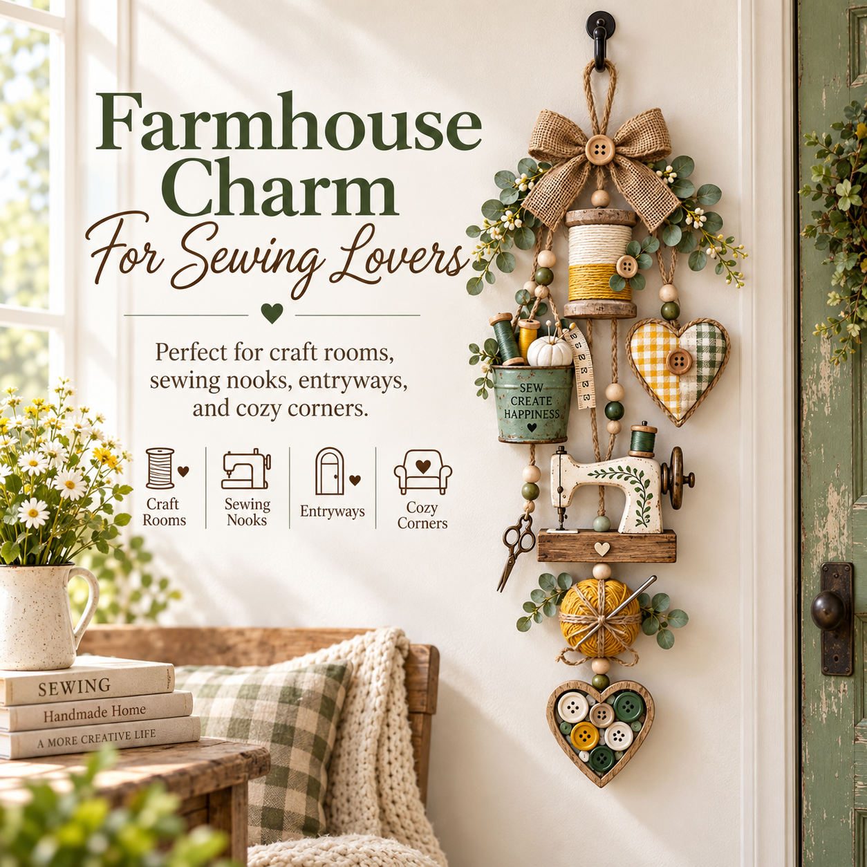 Farmhouse sewing ornament in a craft room and cozy home setting