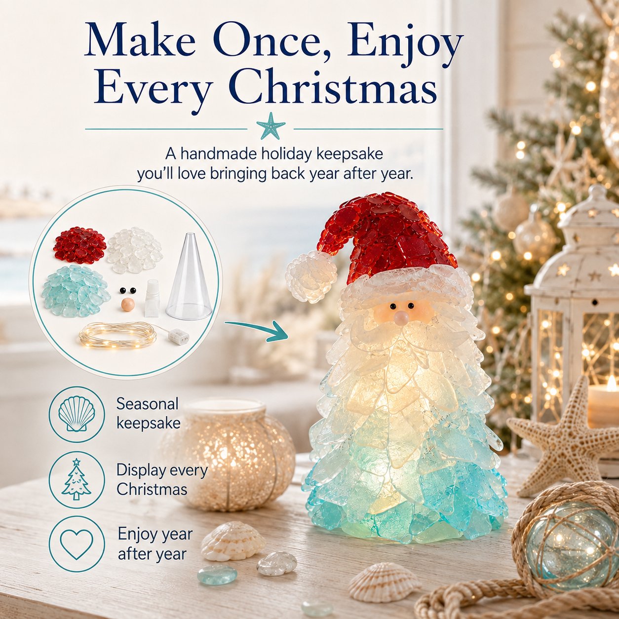 🔥Last Day 49% OFF – 🎅 Beginner-Friendly DIY Lighted Sea Glass Santa Christmas Decor Kit | Complete Kit with Sea Glass Pieces, Warm Fairy Lights & Step-by-Step Guide Included 💕