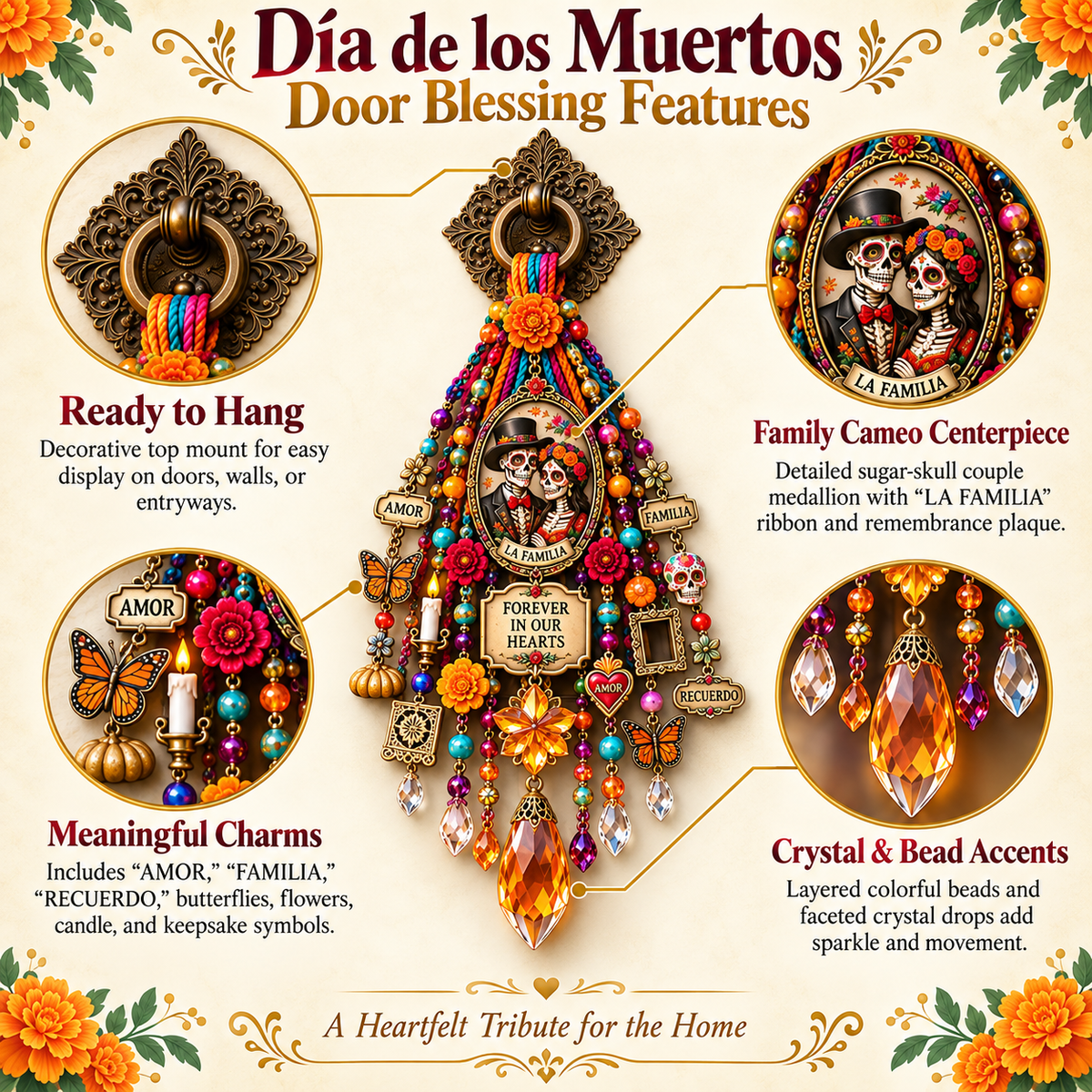 Central Día de los Muertos family portrait with marigold details