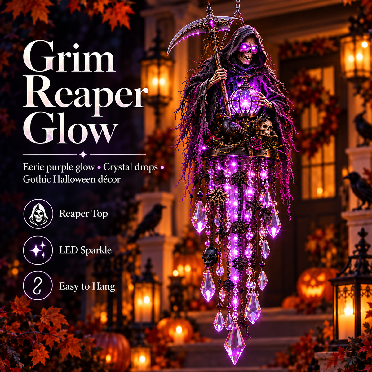 Purple glowing Grim Reaper Halloween hanging light