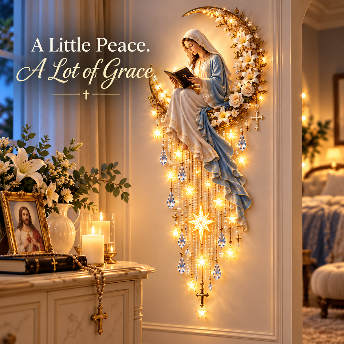 Mary Moonlight Scripture Wall Light with flowers stars and crystal details