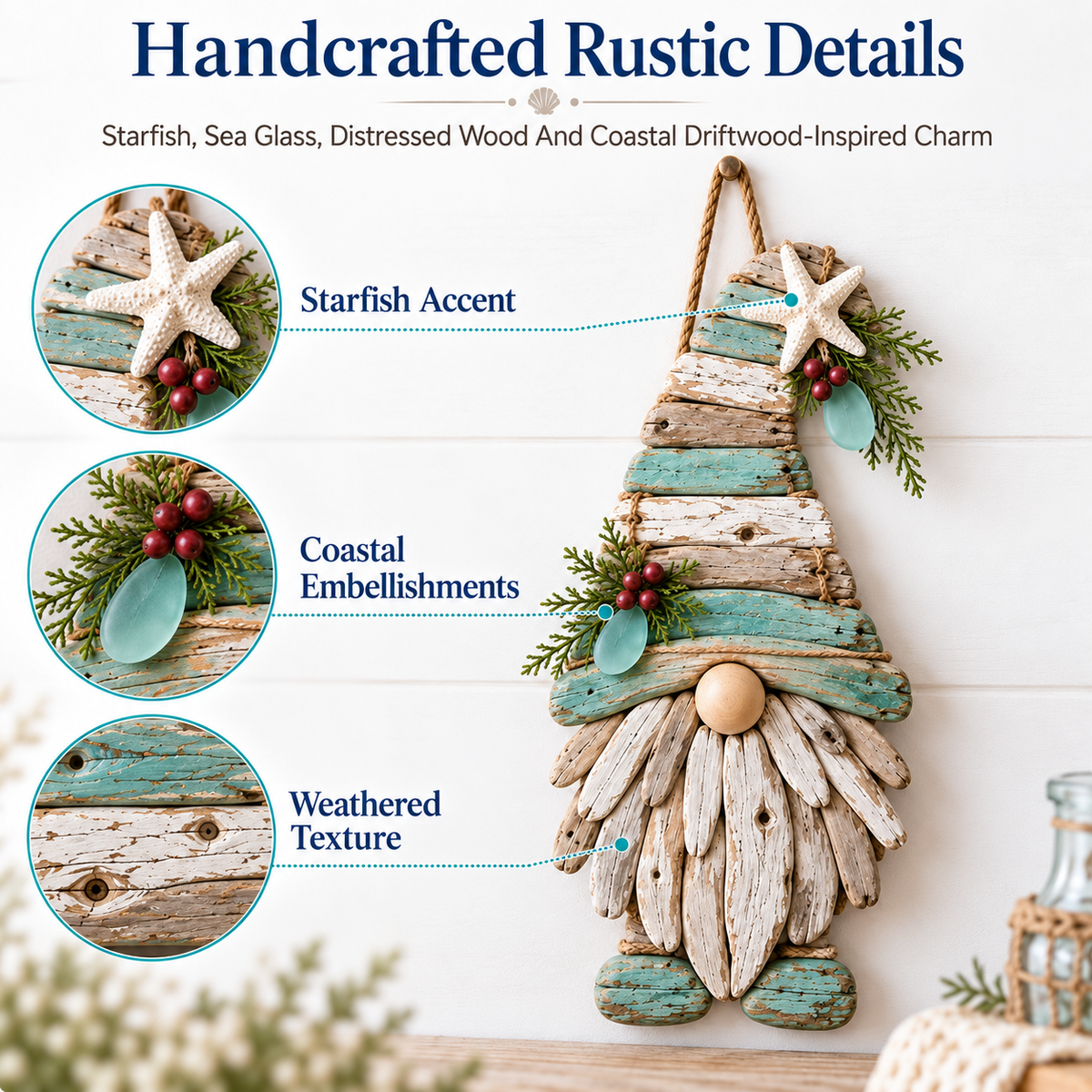 Coastal gnome wall decor close-up with starfish sea glass and weathered texture