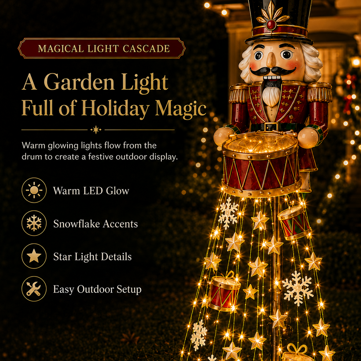 🎖️✨ Nutcracker Magic Drum Cascade Solar Christmas Garden Light
