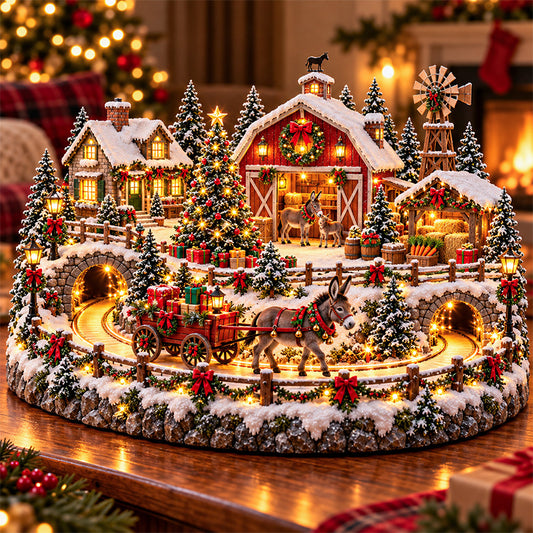 🫏🎄 Christmas Donkey Delivery Village™ – Lighted Holiday Farm Scene with Donkey & Christmas Gift Wagon