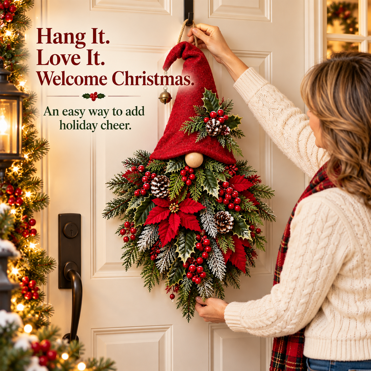 Christmas Evergreen Gnome hanging on a front door