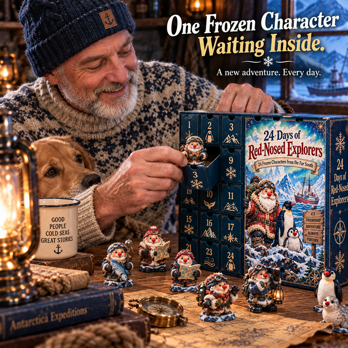 Opening one drawer to reveal a Red-Nosed Explorer character