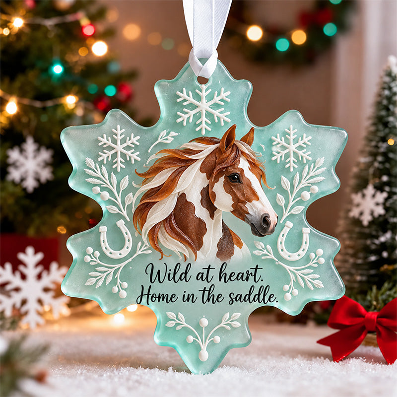 Home in the Saddle Pinto Horse Snowflake Ornament