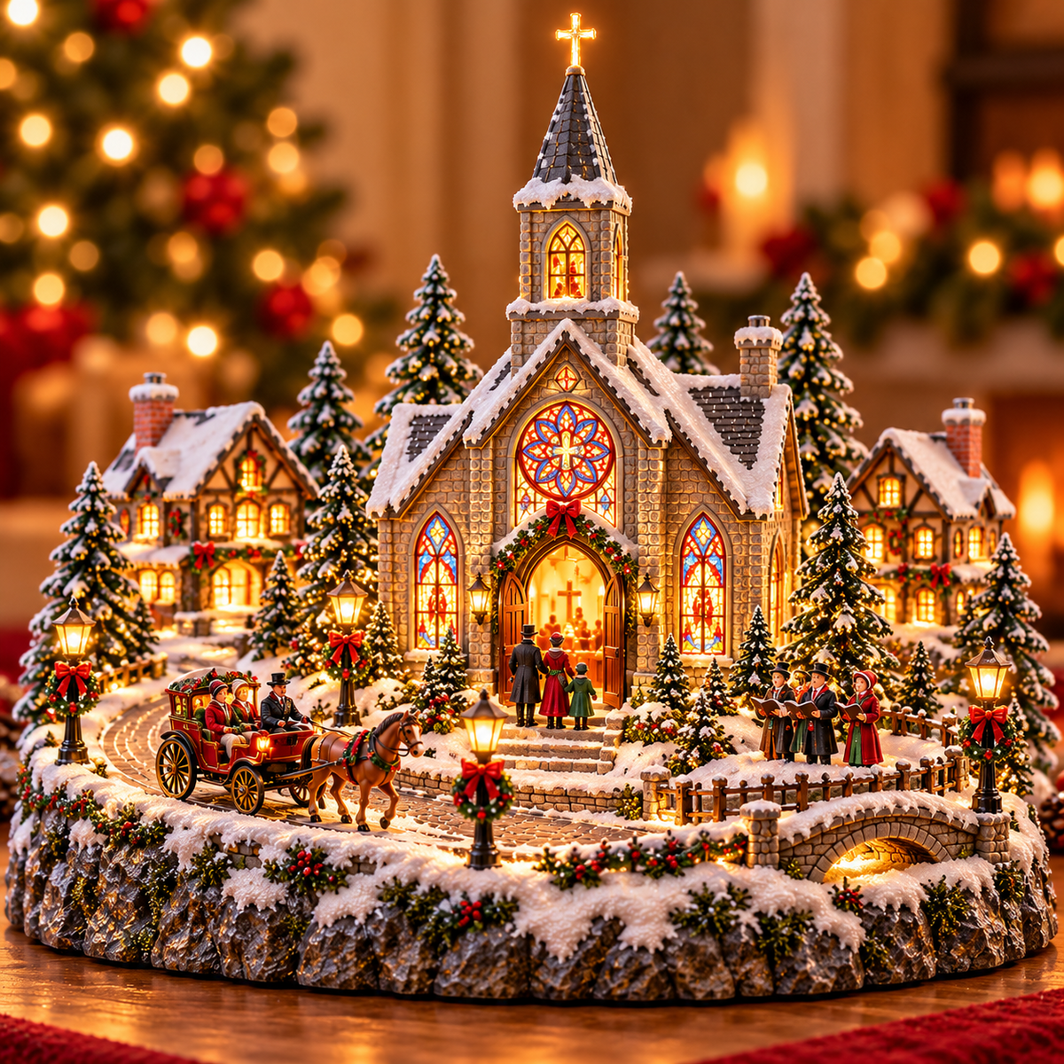 Christmas Eve Church Village with moving horse drawn carriage
