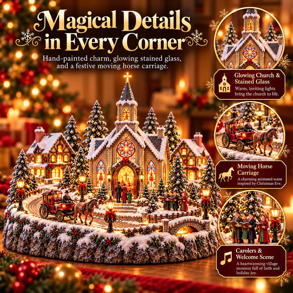 ⛪🎄 Christmas Eve Church Village™ – Moving Horse-Drawn Carriage & Warm Stained-Glass Glow