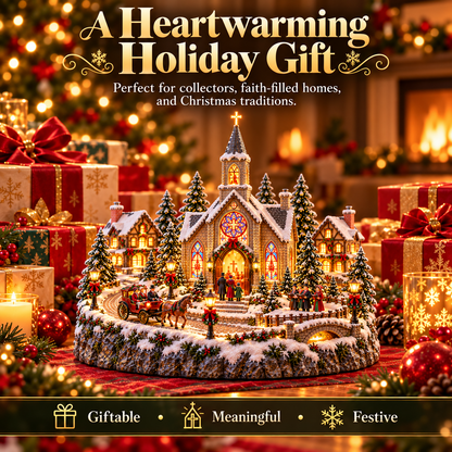 ⛪🎄 Christmas Eve Church Village™ – Moving Horse-Drawn Carriage & Warm Stained-Glass Glow