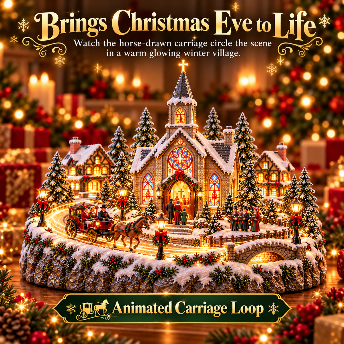 Animated horse drawn carriage circling Christmas church village