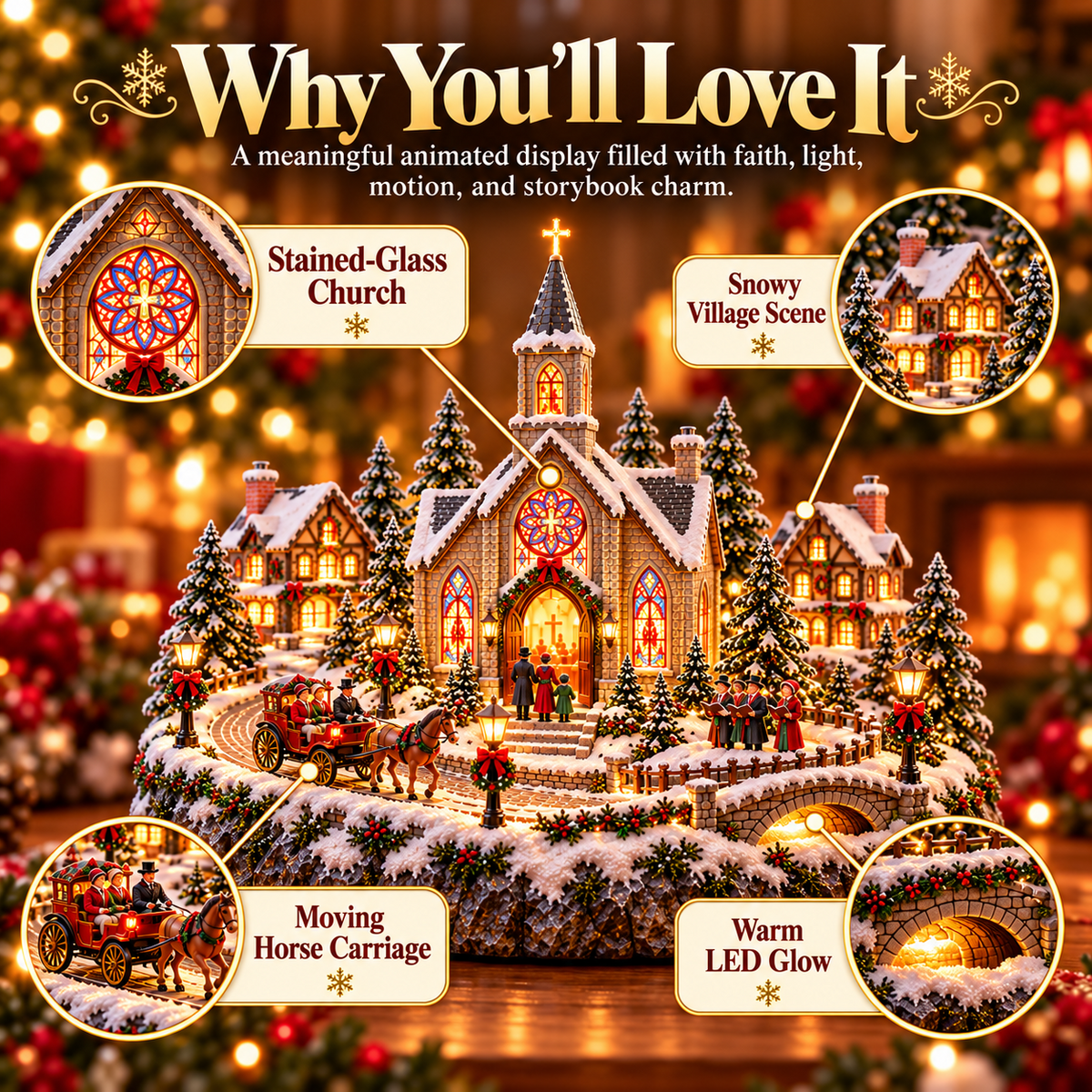 ⛪🎄 Christmas Eve Church Village™ – Moving Horse-Drawn Carriage & Warm Stained-Glass Glow