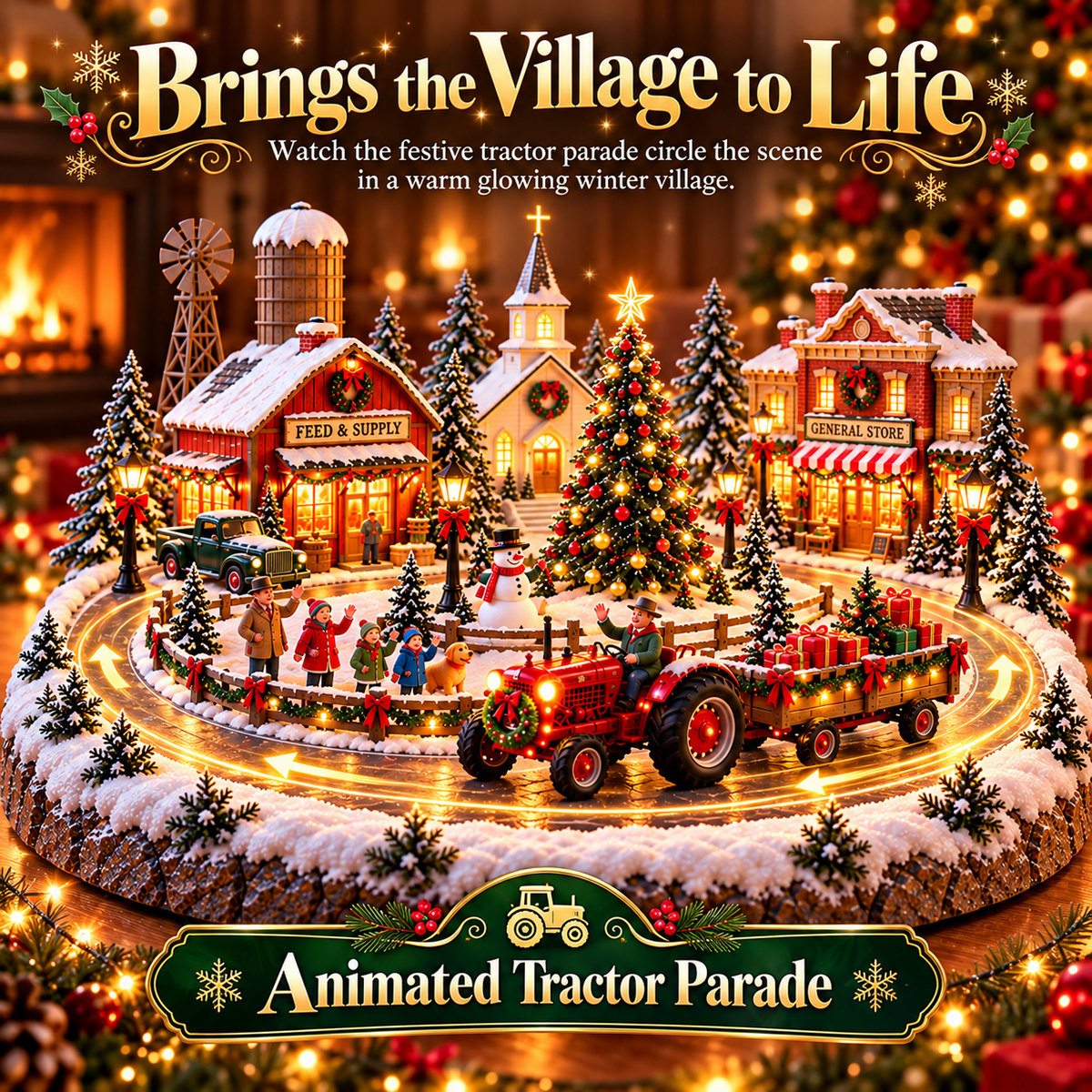Animated Christmas tractor parade village