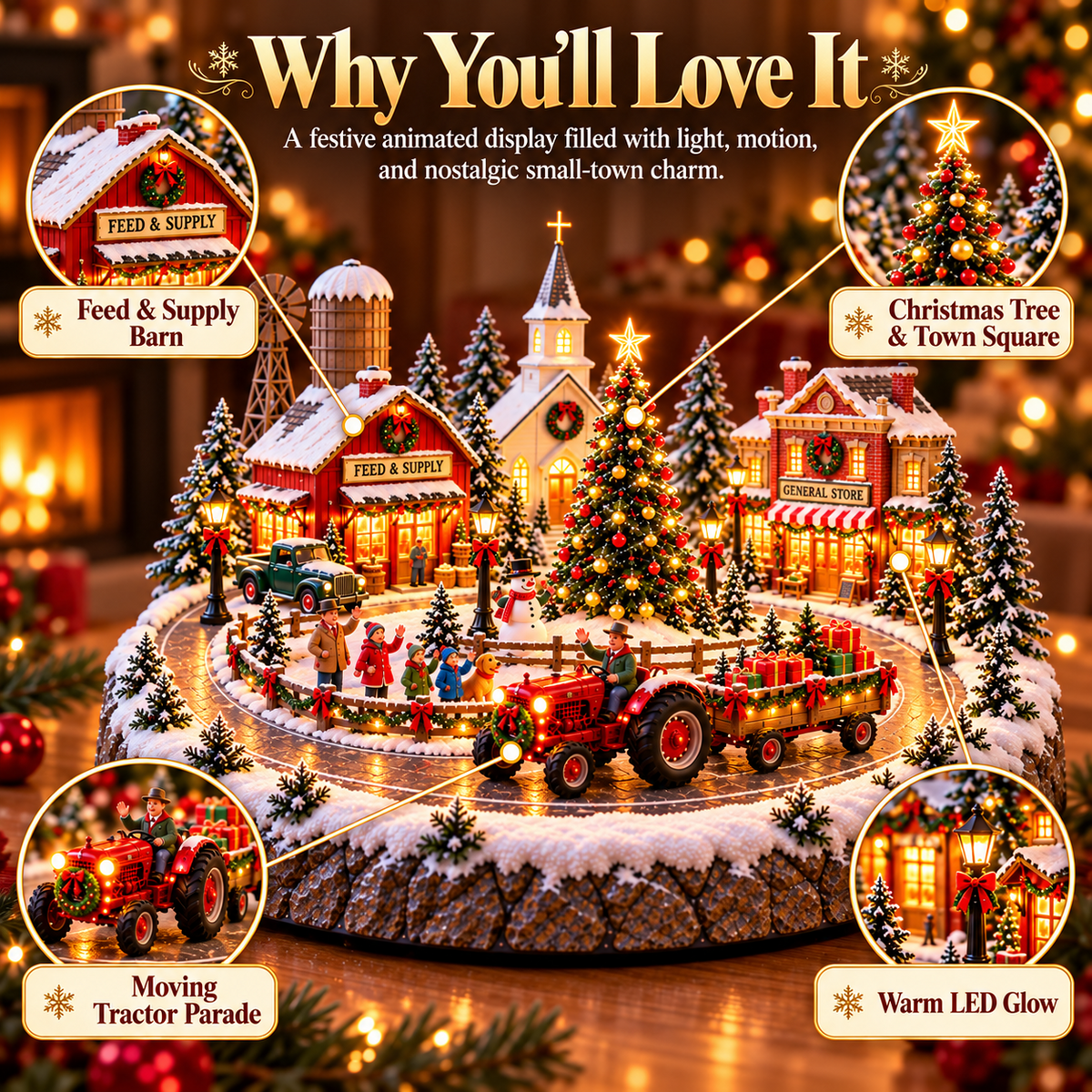 🚜🎄 Christmas Tractor Parade Village™ – Moving Lighted Tractor & Warm Small-Town Holiday Glow