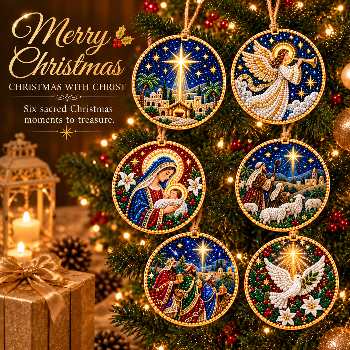 Christian Christmas diamond painting ornaments hanging on Christmas tree