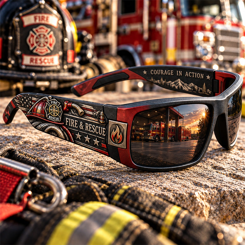 Fire and Rescue tribute sunglasses with wraparound frame and firefighter artwork