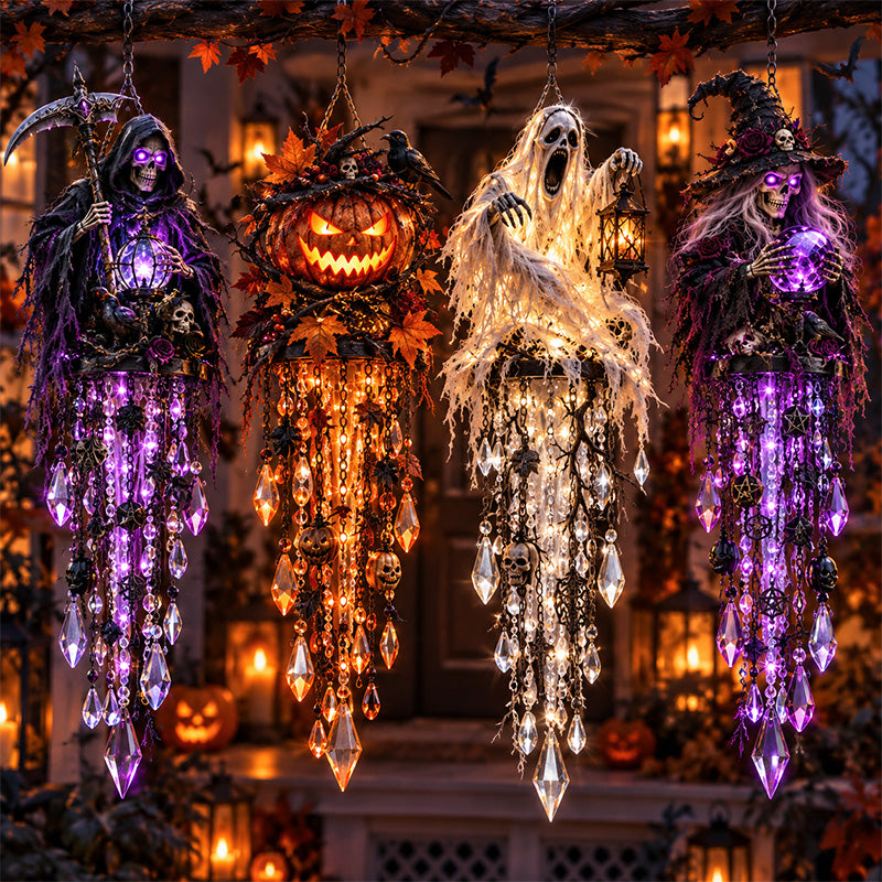 Four Halloween haunted character hanging lights displayed together