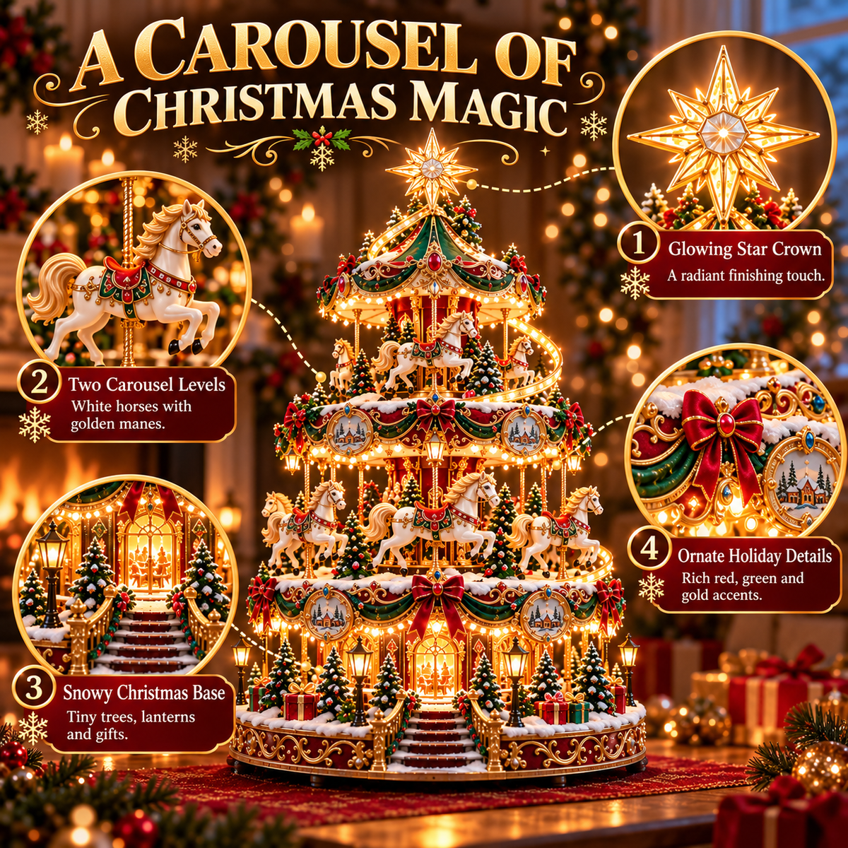 Product detail infographic highlighting the Christmas carousel tree