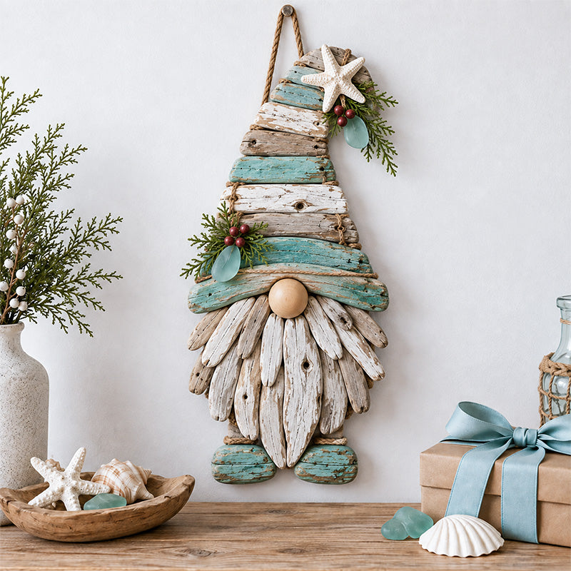 Coastal driftwood-inspired gnome wall decor with starfish and sea glass accents