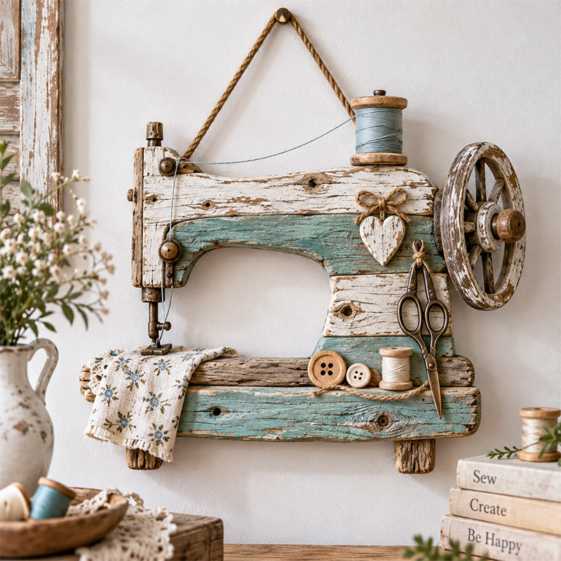 Vintage sewing machine wall decor with weathered turquoise finish and sewing details