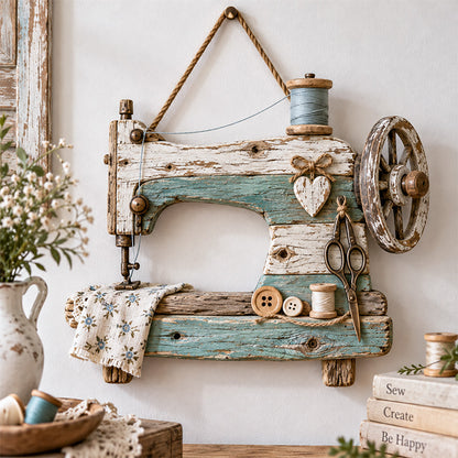 🧵🪡 Coastal Driftwood Sewing Machine Wall Decor – Rustic Sewing Room Hanging Accent