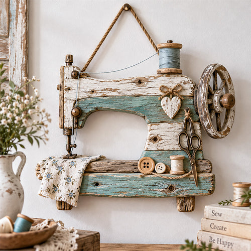 🧵🪡 Coastal Driftwood Sewing Machine Wall Decor – Rustic Sewing Room Hanging Accent