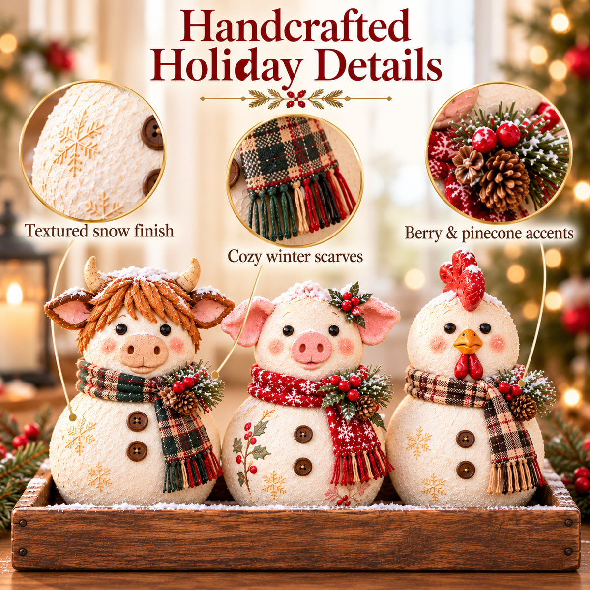 Close-up of Farm Animal Snowman Trio showing scarves, snowy textures, berries and pinecones