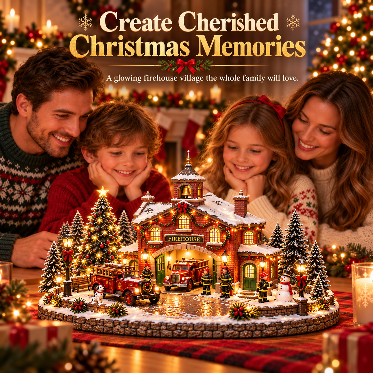 🎄 Christmas Firehouse Village™ – Warm LED Lights, Vintage Fire Trucks & Cozy Holiday Display