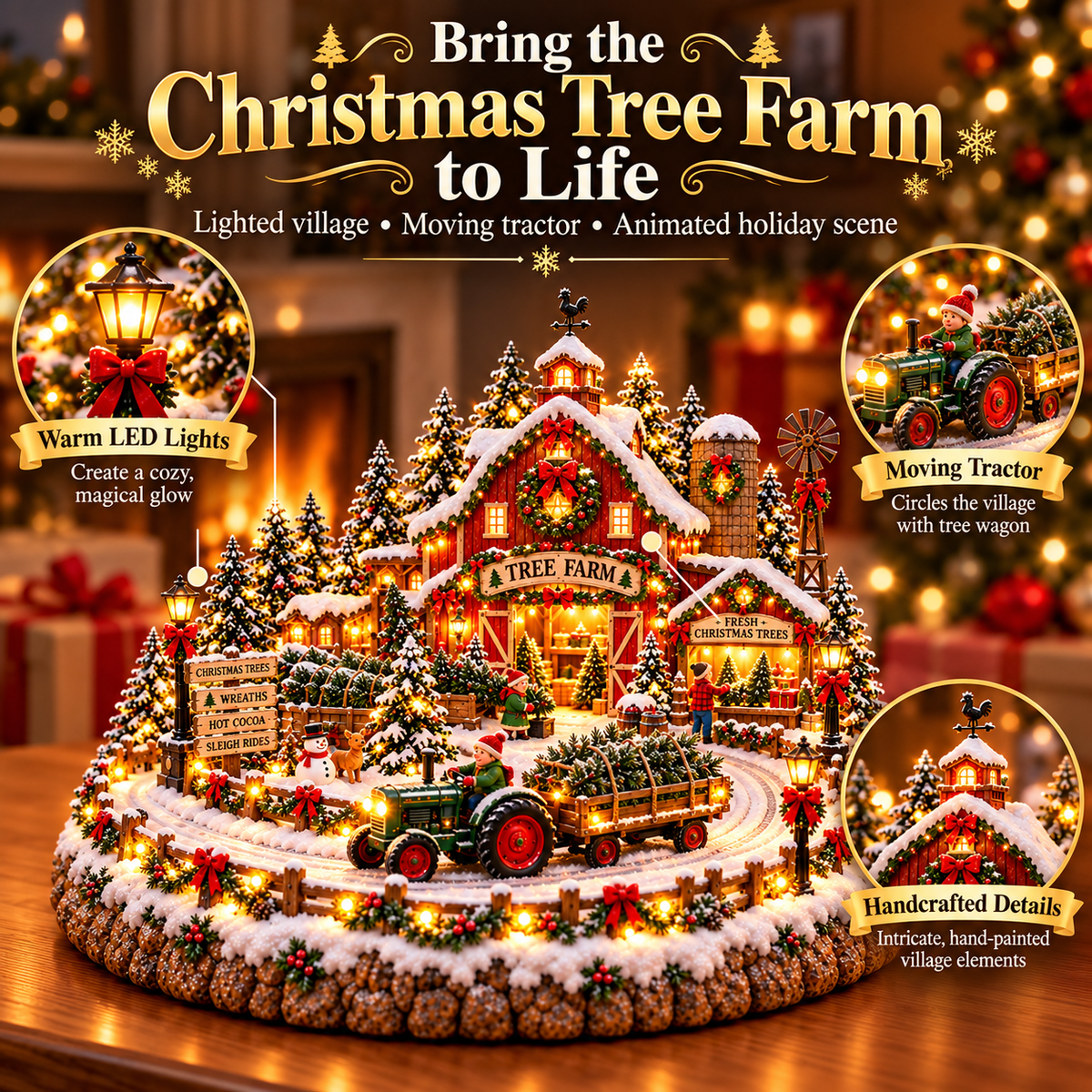 🎄🚜 Christmas Tree Farm Village™ – Lighted Holiday Tree Farm Scene with Moving Tractor & Christmas Tree Wagon