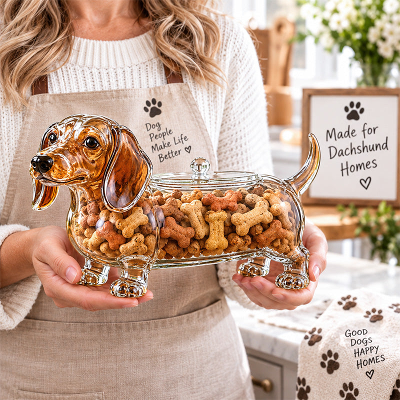 Woman holding Dachshund treat jar in both hands for scale