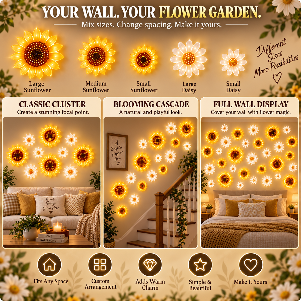 🌻 Sunflower & Daisy LED Wall Lights