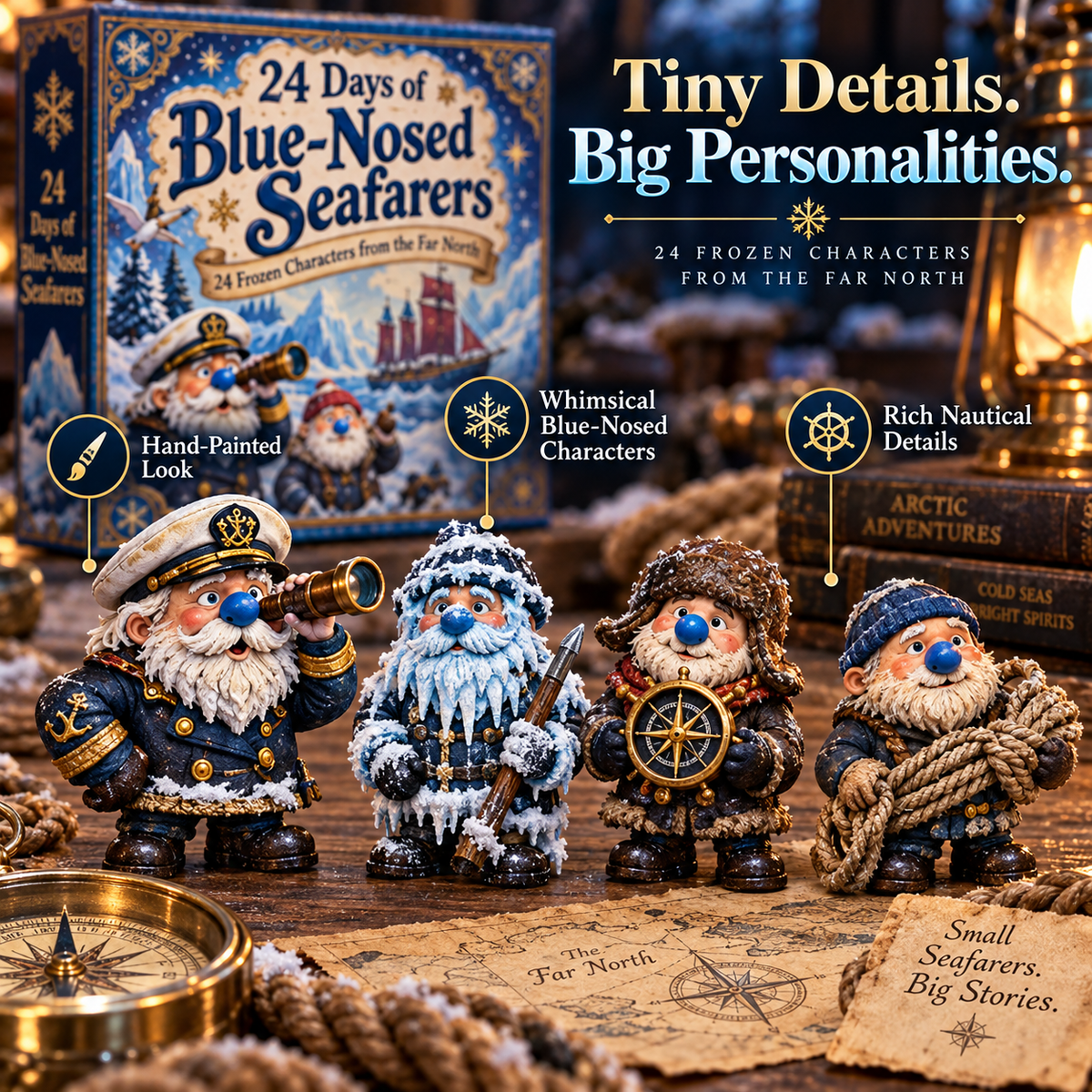 Blue-nosed seafarer figures with nautical details