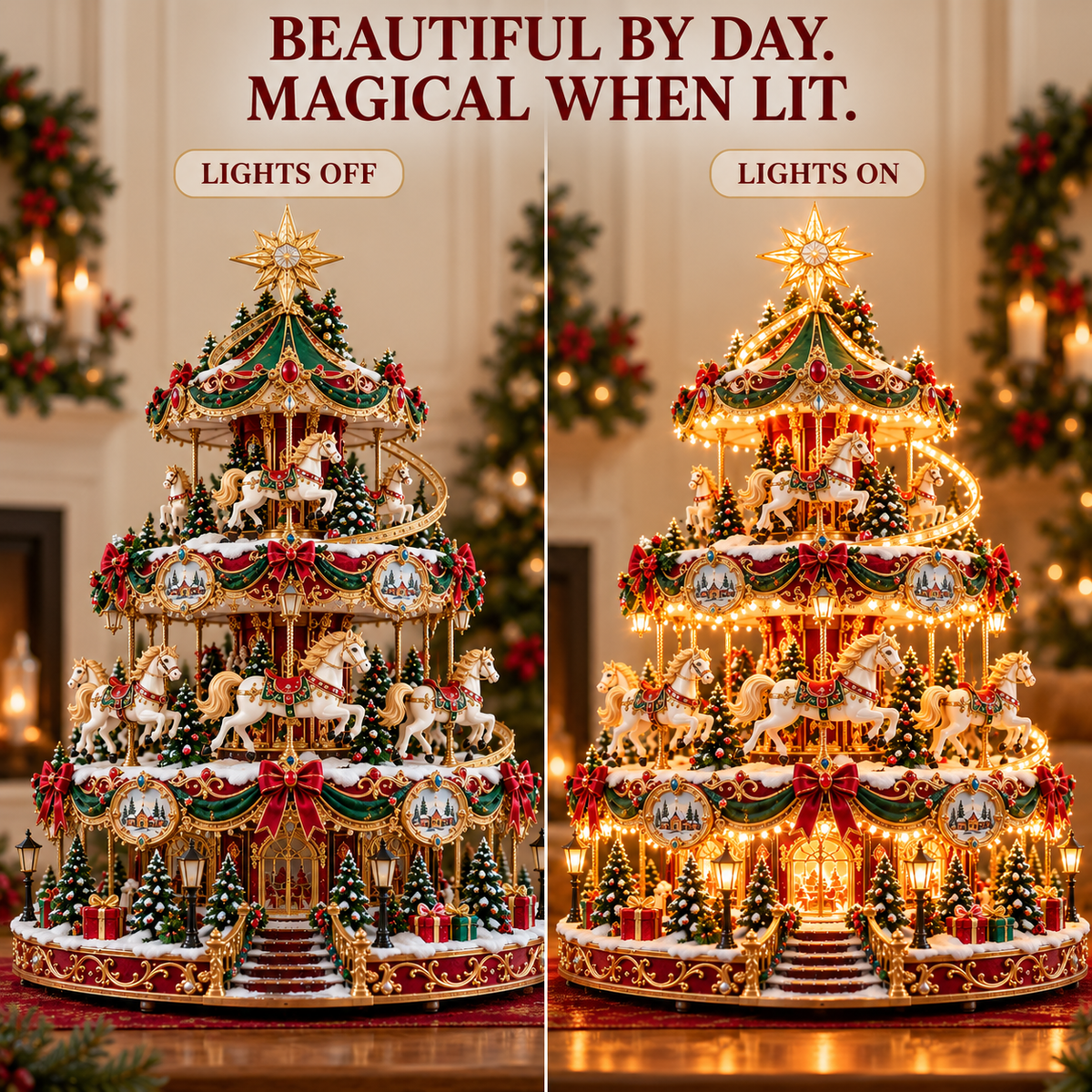 Christmas carousel tree showing its illuminated festive display and decorative details