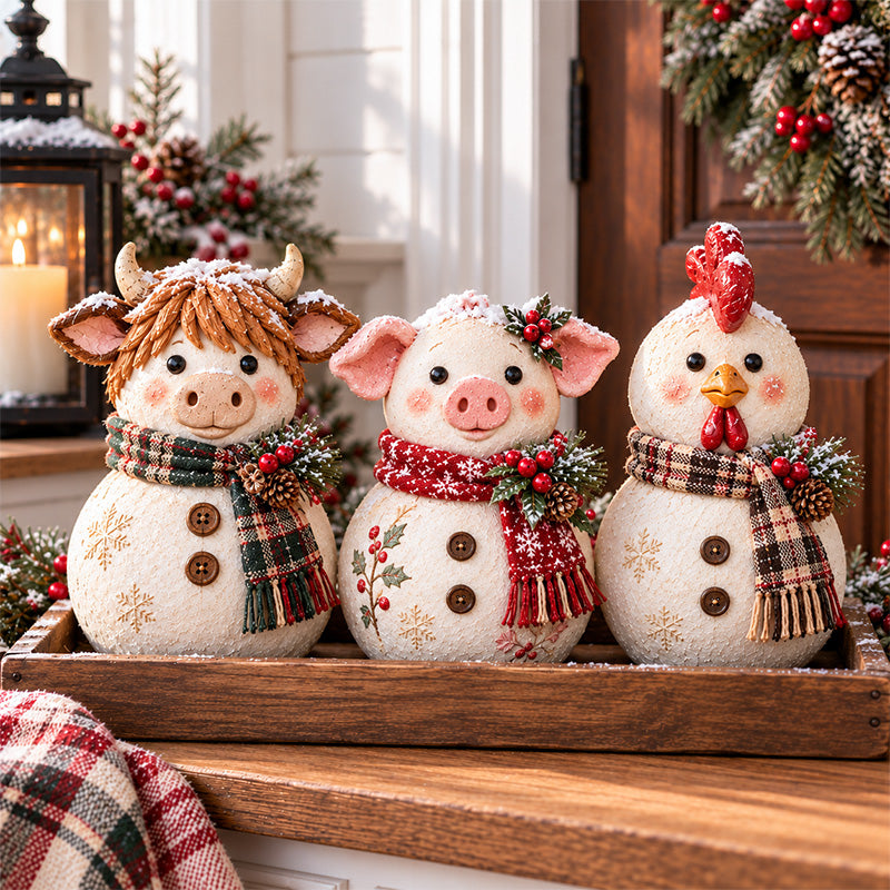 Highland cow, pink pig and chicken Christmas snowman figurines arranged in a rustic wooden tray
