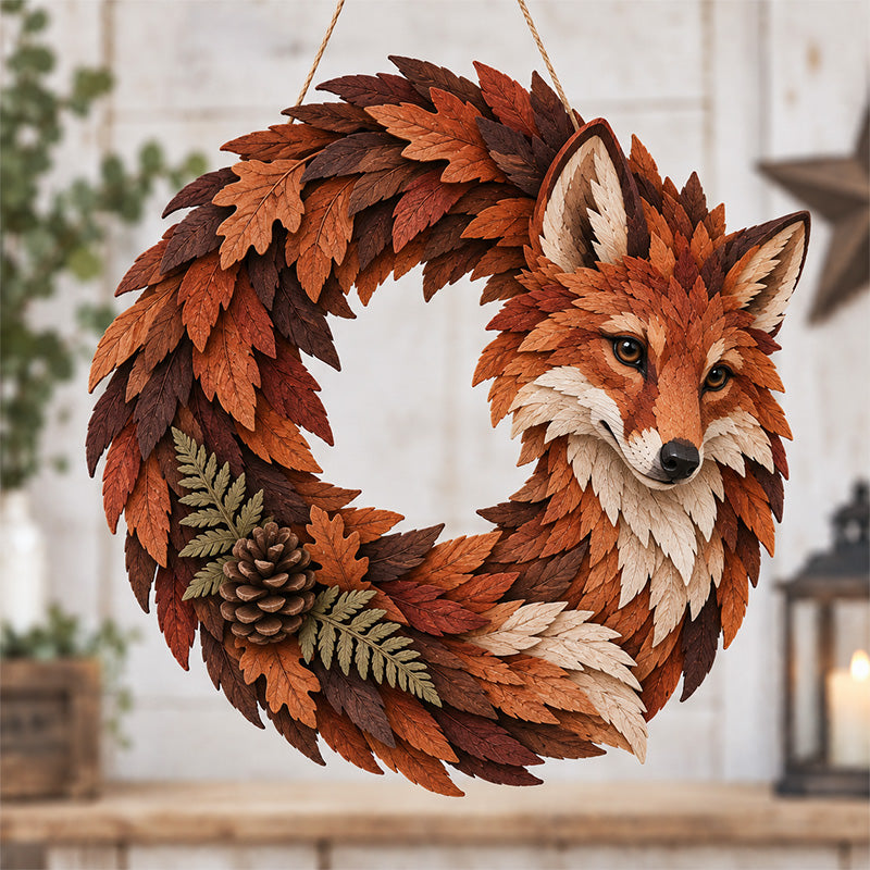 Red Fox Woodland Wreath with layered autumn leaves