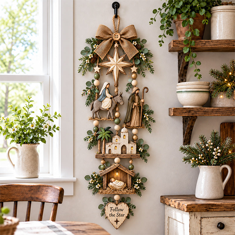 ✨ Follow the Star Nativity Wall Hanging – Rustic Christmas Journey Decor