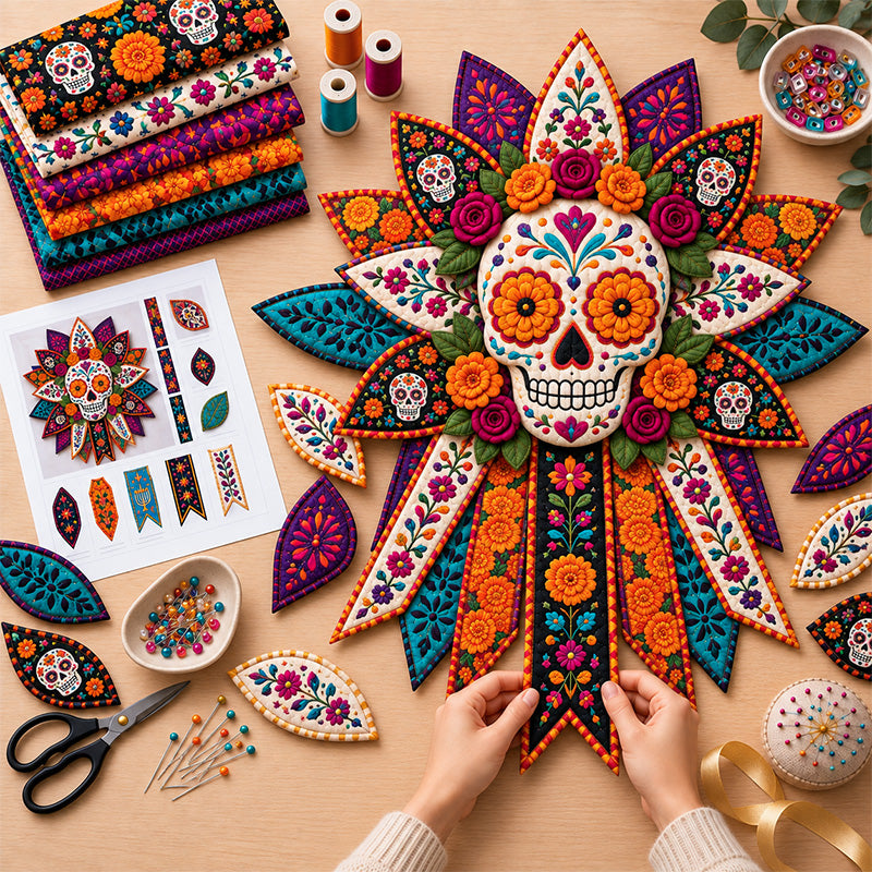 💀🌼 Skull Marigold Bloom Patchwork Door Decor DIY Sewing Kit
