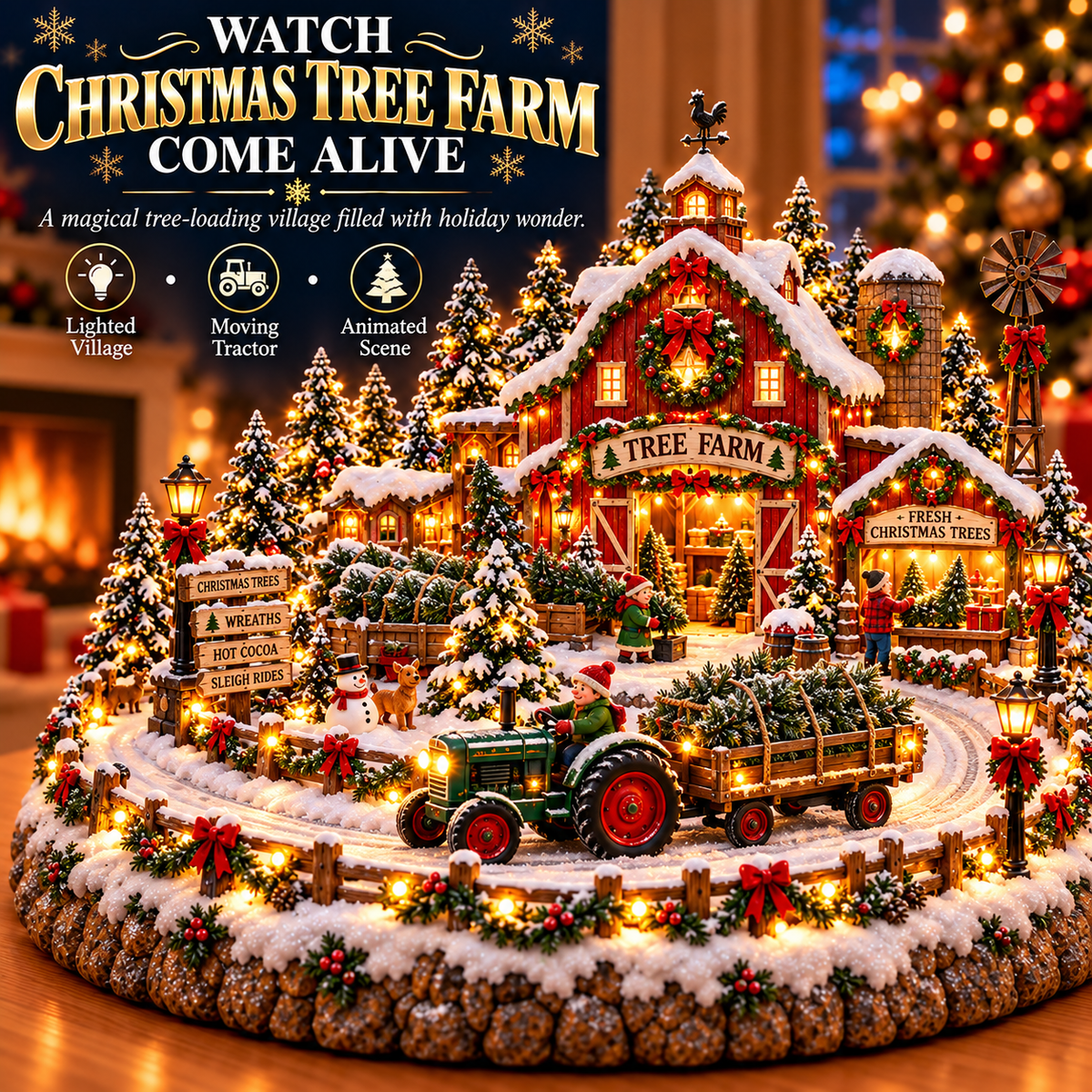 🎄🚜 Christmas Tree Farm Village™ – Lighted Holiday Tree Farm Scene with Moving Tractor & Christmas Tree Wagon