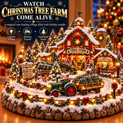 🎄🚜 Christmas Tree Farm Village™ – Lighted Holiday Tree Farm Scene with Moving Tractor & Christmas Tree Wagon