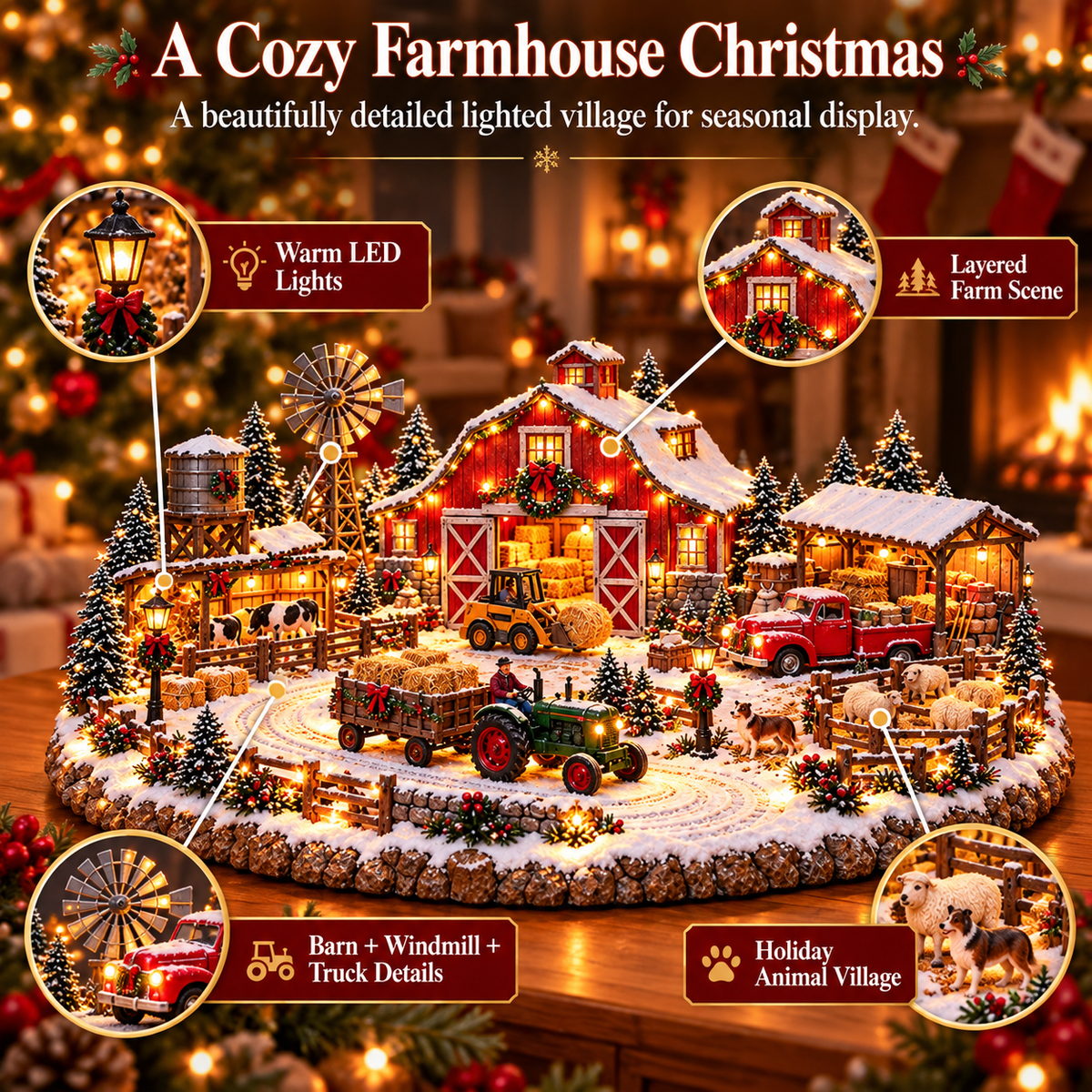 Christmas Farm Village detail showing barn windmill truck and animals