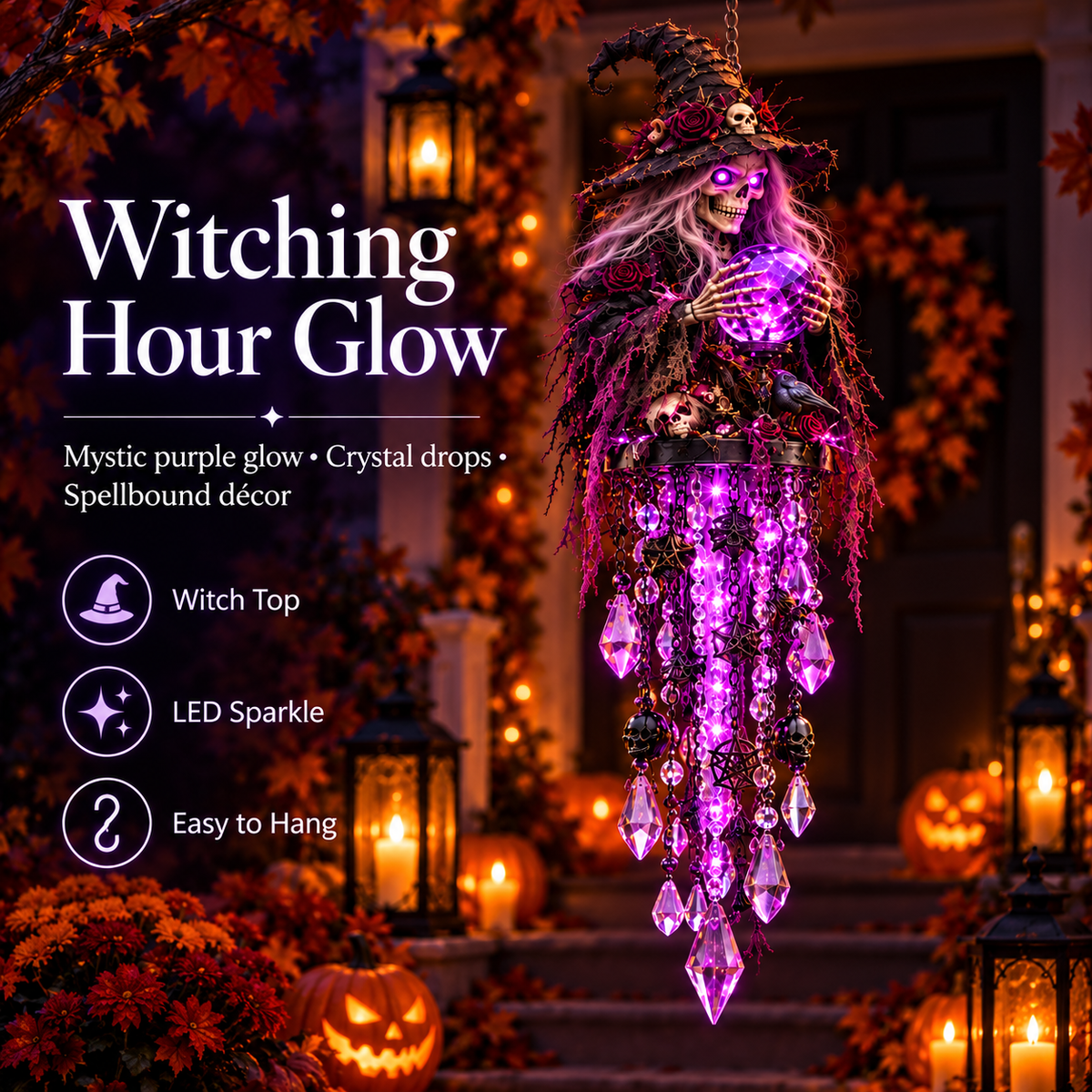 Detailed Witch Halloween hanging light with purple crystal drops