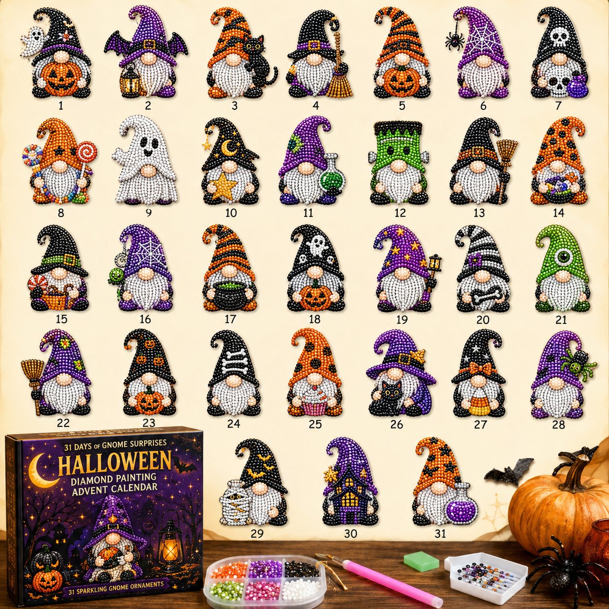 🔥HOT SALE 49% OFF - 🎃✨ 31 Days of Gnome Surprises Halloween Diamond Painting Advent Calendar
